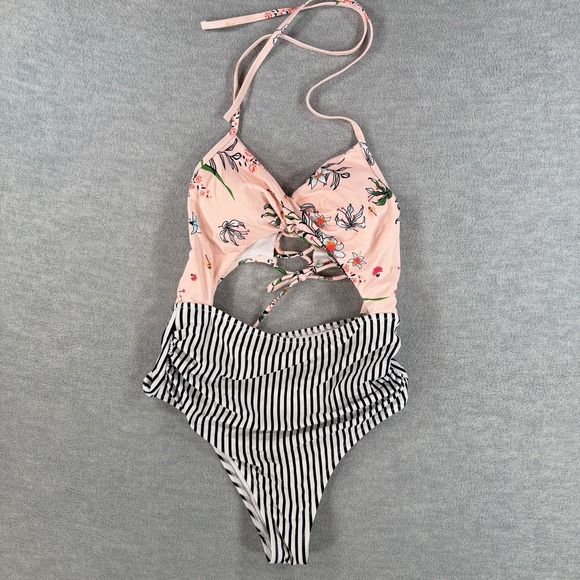 Cupshe Other - Cupshe M Floral Twist Cut Out Bathing Suit Swim Pink Corset Back Striped